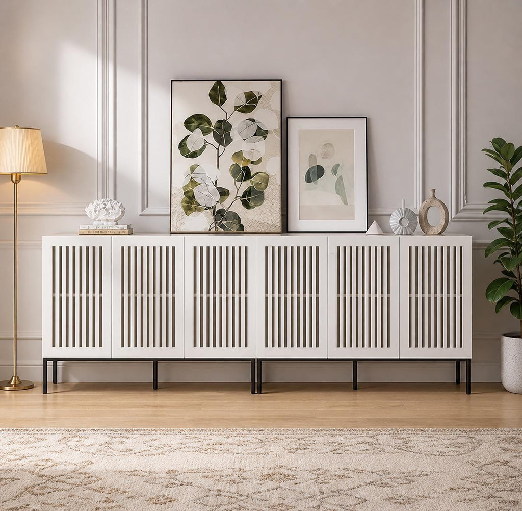 Modern Brown Storage Cabinet with Grille Doors – Large Sideboard Buffet Cabinet for Living Room, Dining Room & Office with Metal Legs