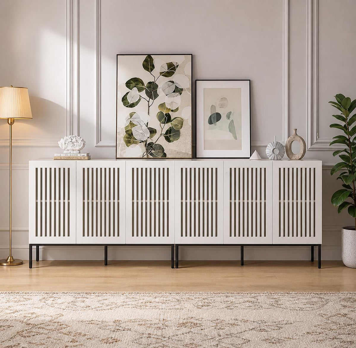 Modern Brown Storage Cabinet with Grille Doors – Large Sideboard Buffet Cabinet for Living Room, Dining Room & Office with Metal Legs