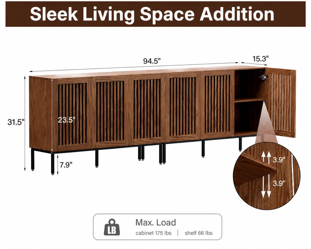 Modern Brown Storage Cabinet with Grille Doors – Large Sideboard Buffet Cabinet for Living Room, Dining Room & Office with Metal Legs