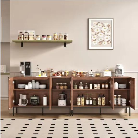 Modern Brown Storage Cabinet with Grille Doors – Large Sideboard Buffet Cabinet for Living Room, Dining Room & Office with Metal Legs