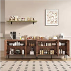 Modern Brown Storage Cabinet with Grille Doors – Large Sideboard Buffet Cabinet for Living Room, Dining Room & Office with Metal Legs