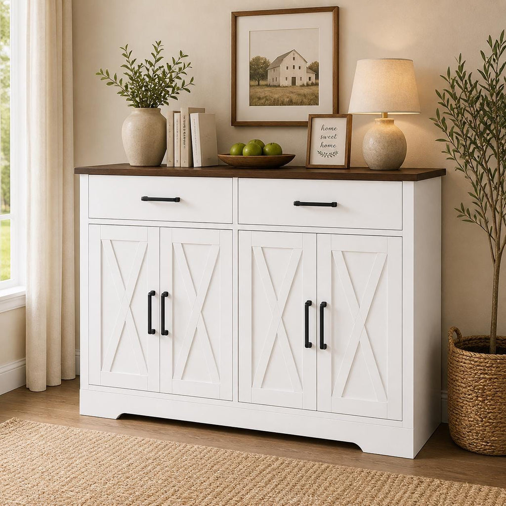 Modern Farmhouse Buffet Cabinet with Barn Doors, 47.2" Storage Sideboard Coffee Bar