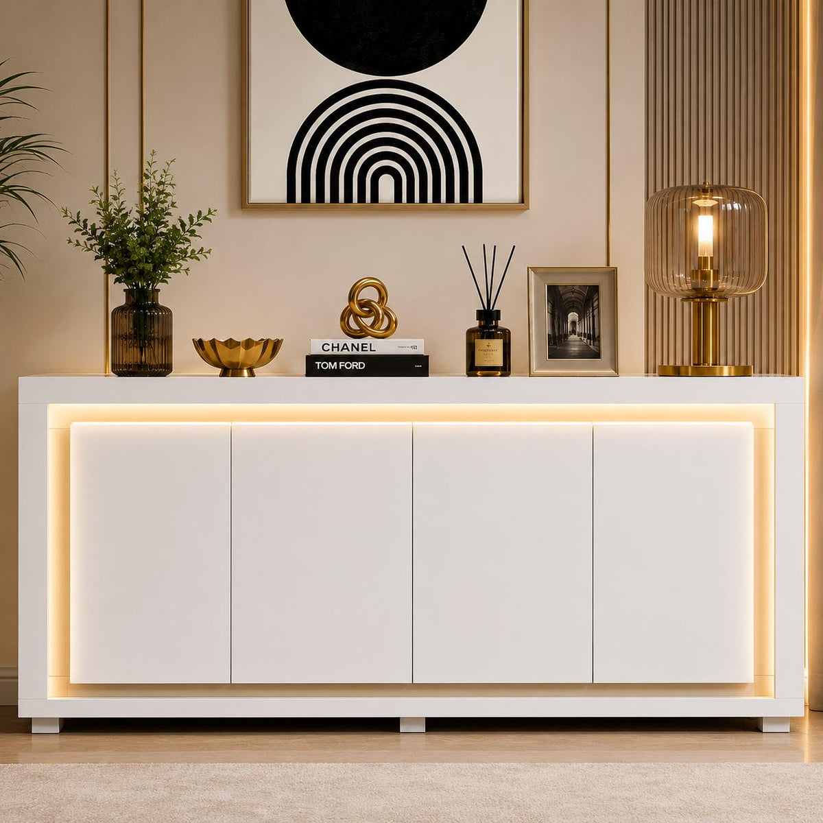 Modern 63” Sideboard Buffet Cabinet with LED Lights & Charging Station