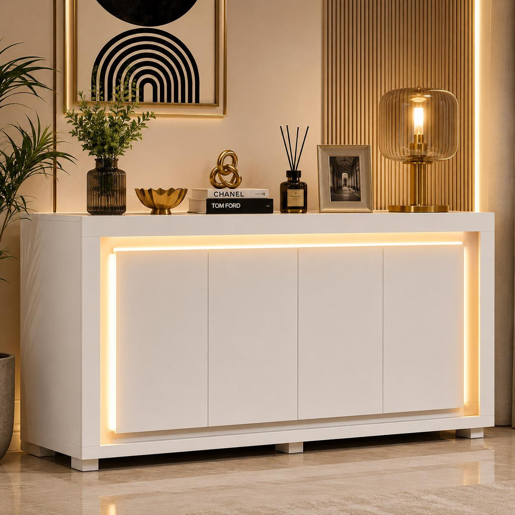 Modern 63” Sideboard Buffet Cabinet with LED Lights & Charging Station