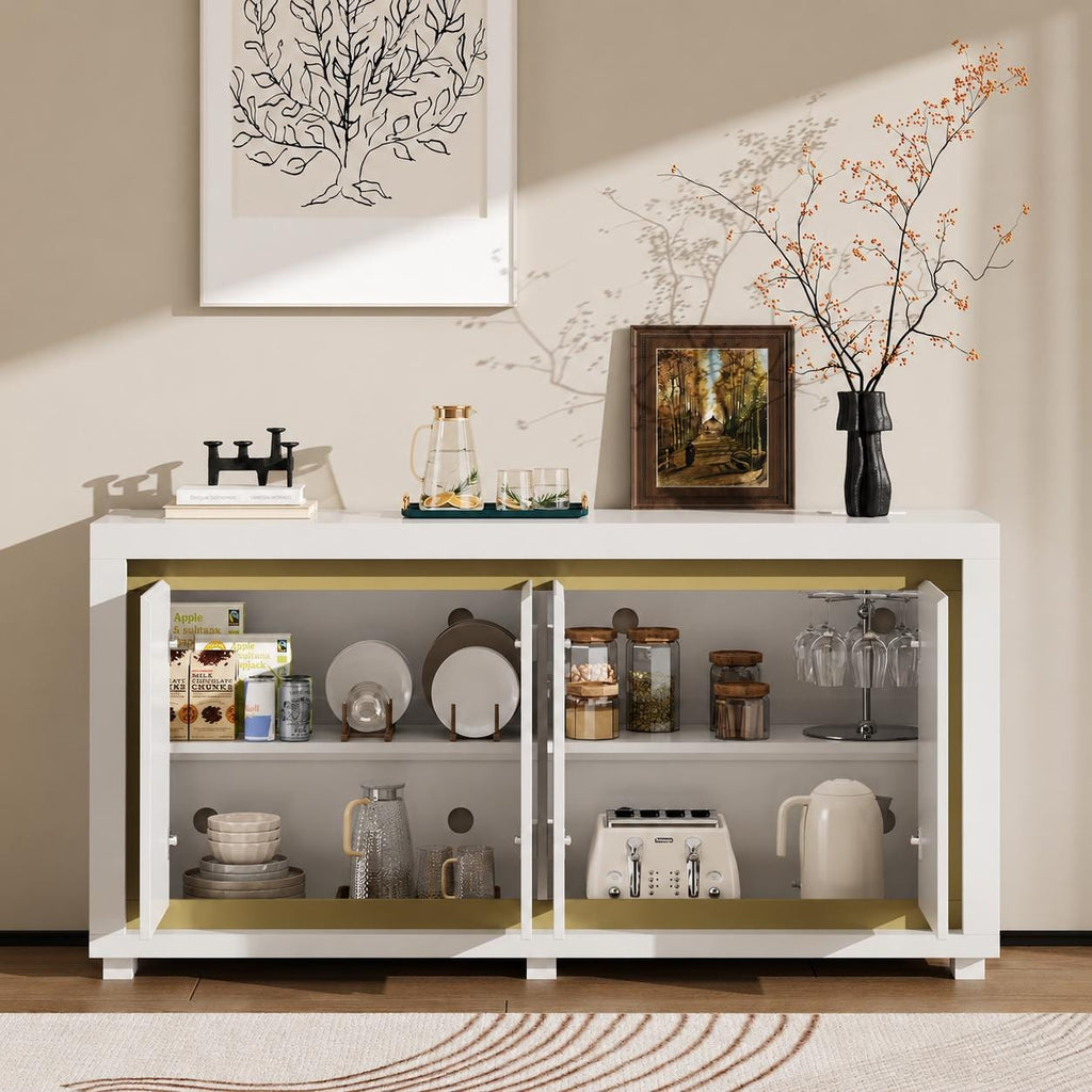 Modern 63” Sideboard Buffet Cabinet with LED Lights & Charging Station