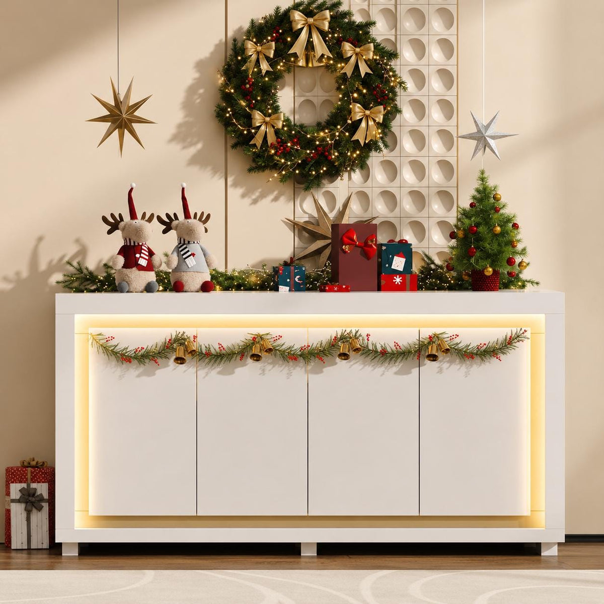 Modern 63” Sideboard Buffet Cabinet with LED Lights & Charging Station