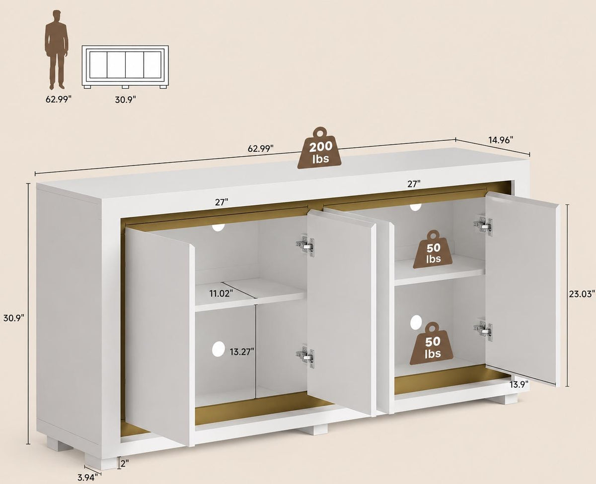 Modern 63” Sideboard Buffet Cabinet with LED Lights & Charging Station