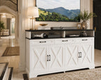 Farmhouse Buffet Cabinet with Charging Station, 63" Sideboard, 4 Doors, 3 Drawers, Coffee Bar