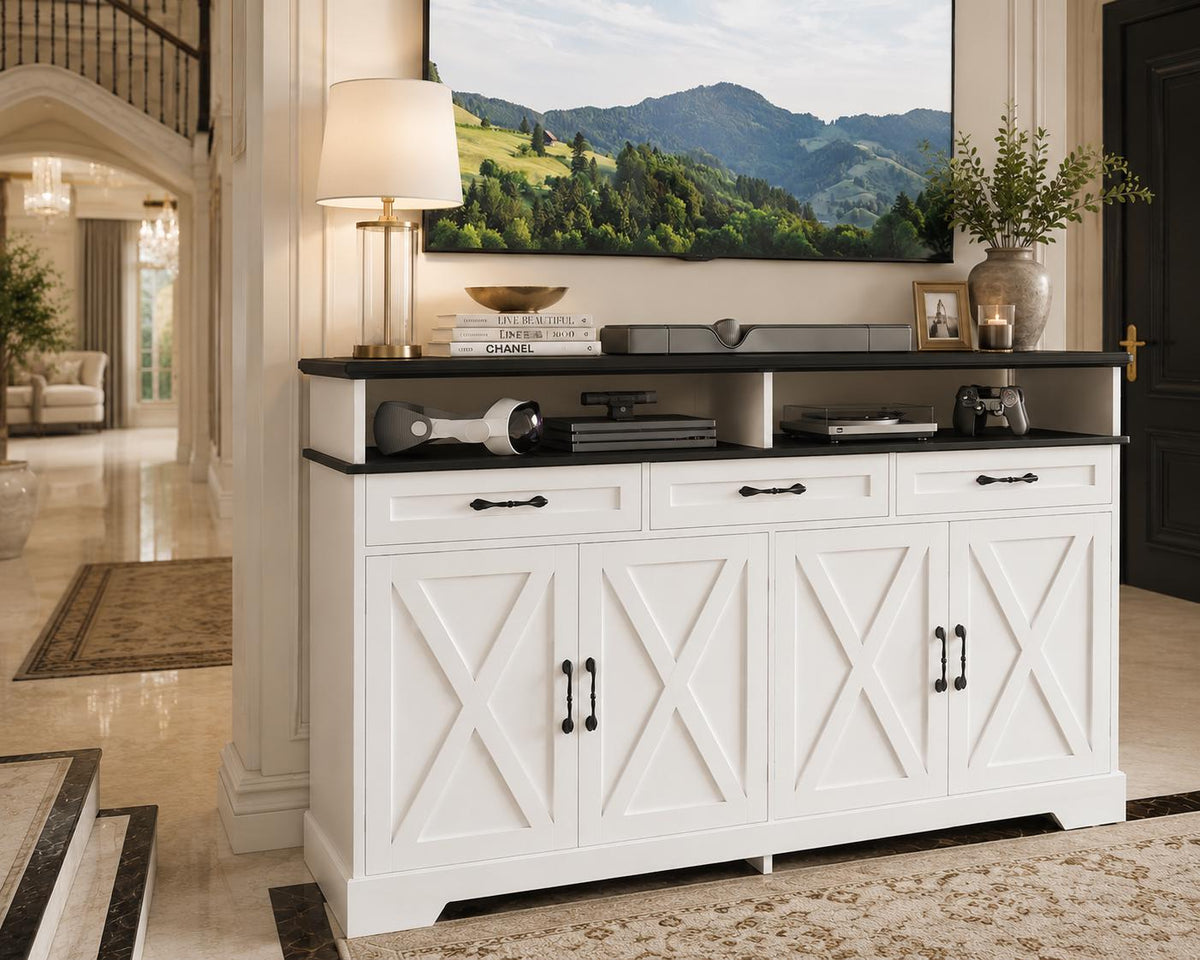 Farmhouse Buffet Cabinet with Charging Station, 63" Sideboard, 4 Doors, 3 Drawers, Coffee Bar