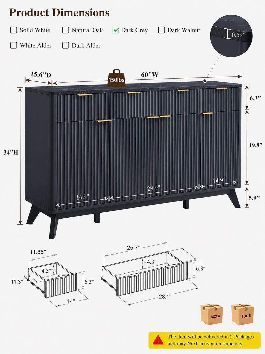 Modern Fluted Buffet Cabinet, Faux Marble Top Sideboard, 60-inch Storage, Dining Room Furniture