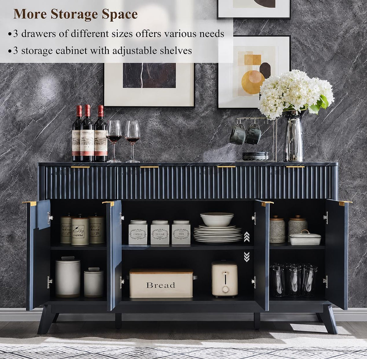 Modern Fluted Buffet Cabinet, Faux Marble Top Sideboard, 60-inch Storage, Dining Room Furniture