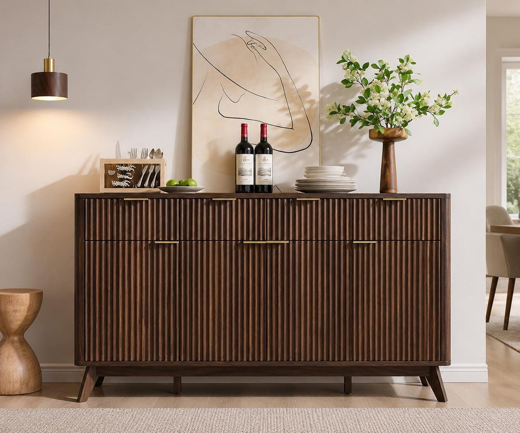 Modern Fluted Buffet Cabinet, Faux Marble Top Sideboard, 60-inch Storage, Dining Room Furniture