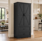 Farmhouse Barn Door Pantry Cabinet, White Kitchen Storage Cupboard with Drawers