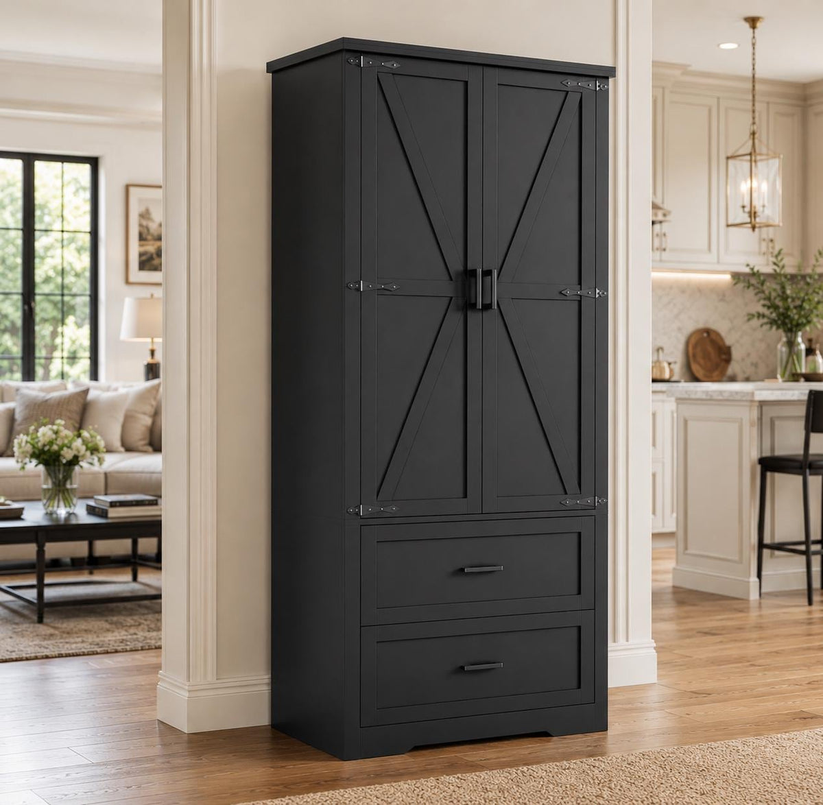 Farmhouse Barn Door Pantry Cabinet, White Kitchen Storage Cupboard with Drawers