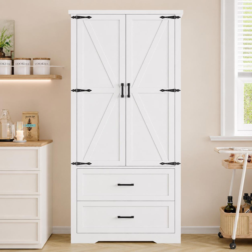 Farmhouse Barn Door Pantry Cabinet, White Kitchen Storage Cupboard with Drawers