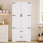 Farmhouse Barn Door Pantry Cabinet, White Kitchen Storage Cupboard with Drawers