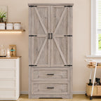 Farmhouse Barn Door Pantry Cabinet, White Kitchen Storage Cupboard with Drawers