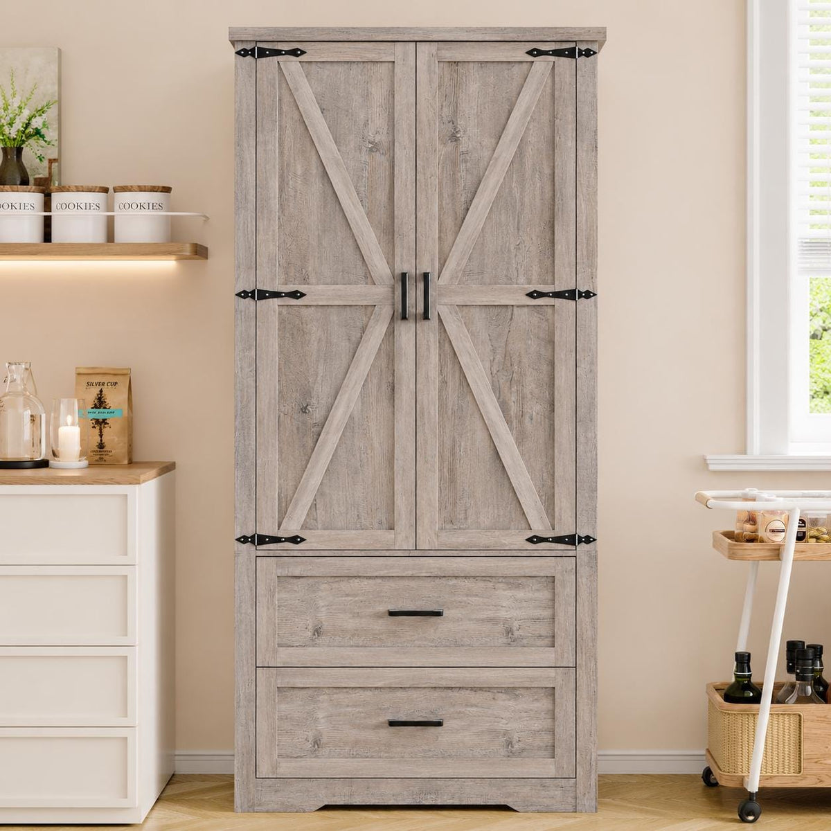 Farmhouse Barn Door Pantry Cabinet, White Kitchen Storage Cupboard with Drawers