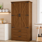 Farmhouse Barn Door Pantry Cabinet, White Kitchen Storage Cupboard with Drawers