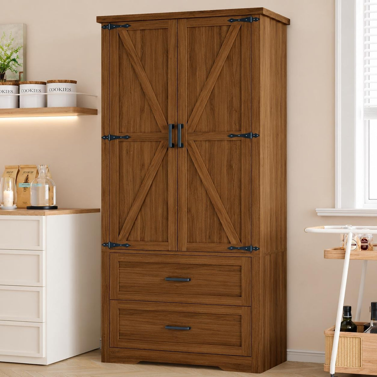 Farmhouse Barn Door Pantry Cabinet, White Kitchen Storage Cupboard with Drawers