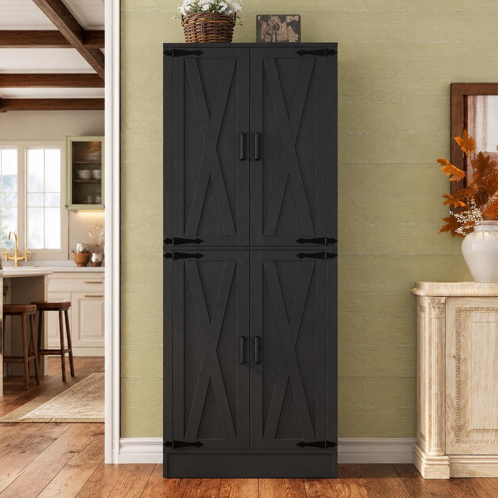 Tall Farmhouse Pantry Cabinet, Rustic Barn Door Kitchen Storage Organizer