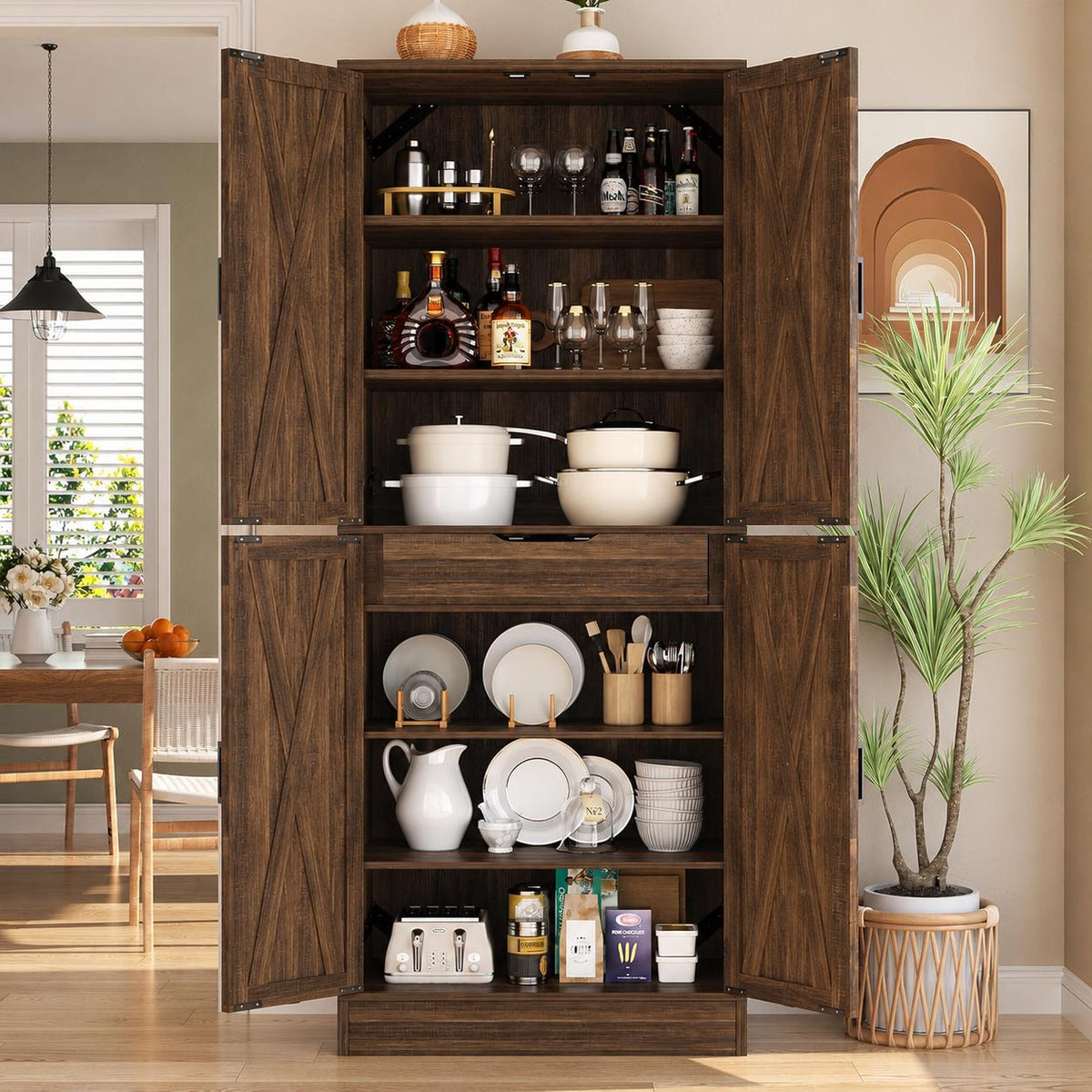 Tall Farmhouse Pantry Cabinet, Rustic Barn Door Kitchen Storage Organizer