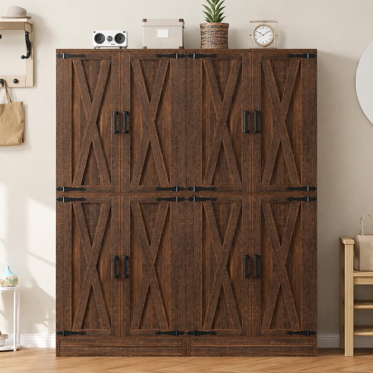 Farmhouse Kitchen Pantry Cabinet with Barn Doors & Hidden Drawer, Rustic Tall Storage Cabinet for Kitchen,