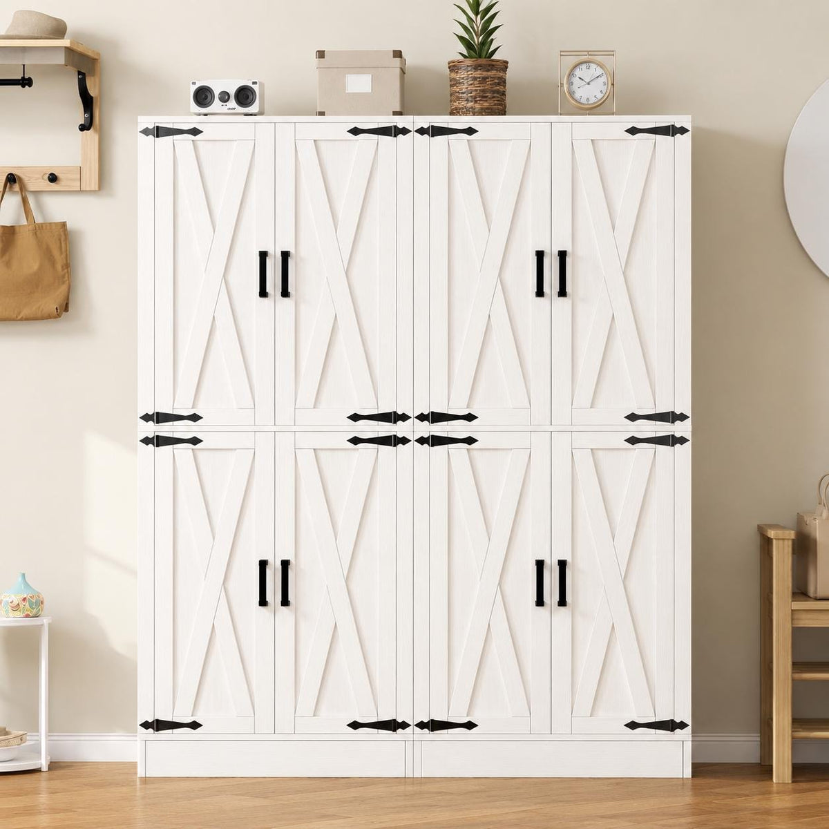 Farmhouse Kitchen Pantry Cabinet with Barn Doors & Hidden Drawer, Rustic Tall Storage Cabinet for Kitchen,