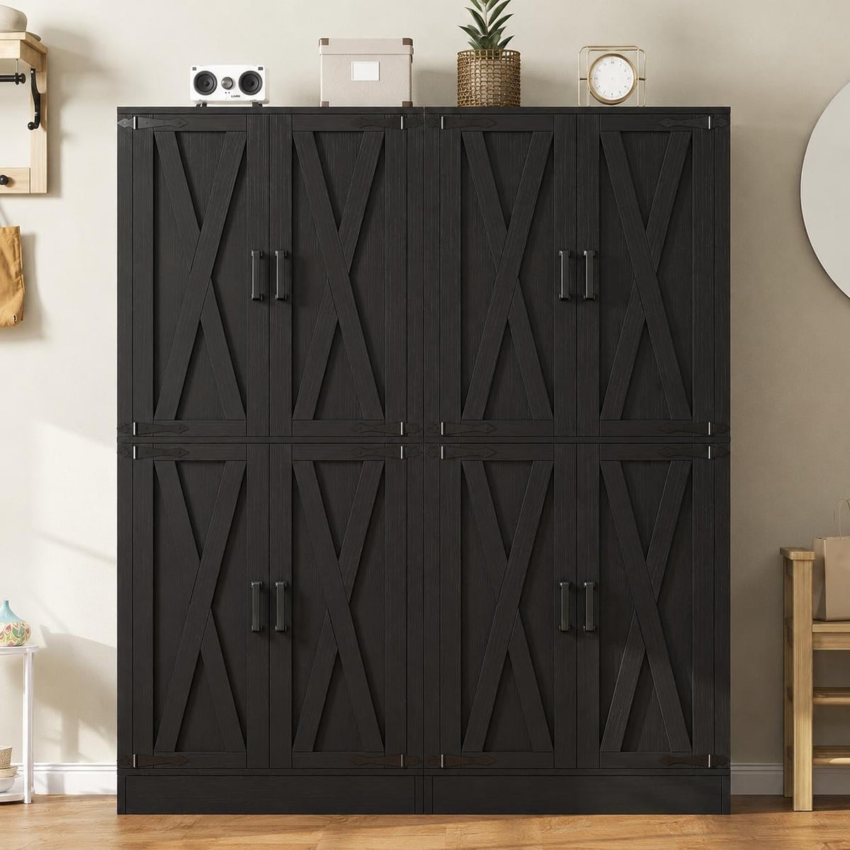 Farmhouse Kitchen Pantry Cabinet with Barn Doors & Hidden Drawer, Rustic Tall Storage Cabinet for Kitchen,