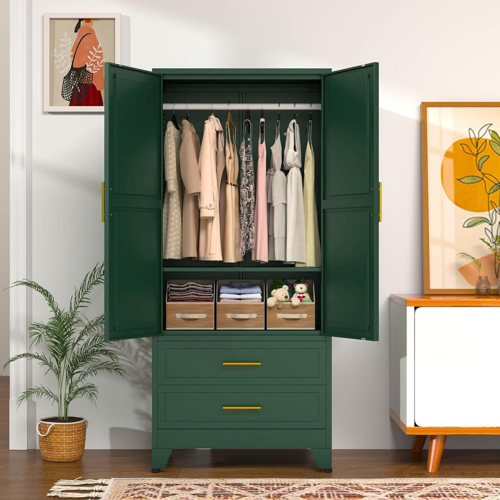 Heavy Duty Metal Wardrobe Cabinet, 71" Tall, Hanging Rod, Adjustable Shelves, 2 Drawers