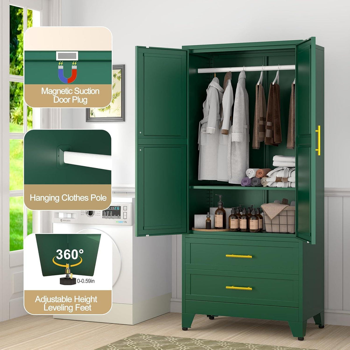Heavy Duty Metal Wardrobe Cabinet, 71" Tall, Hanging Rod, Adjustable Shelves, 2 Drawers