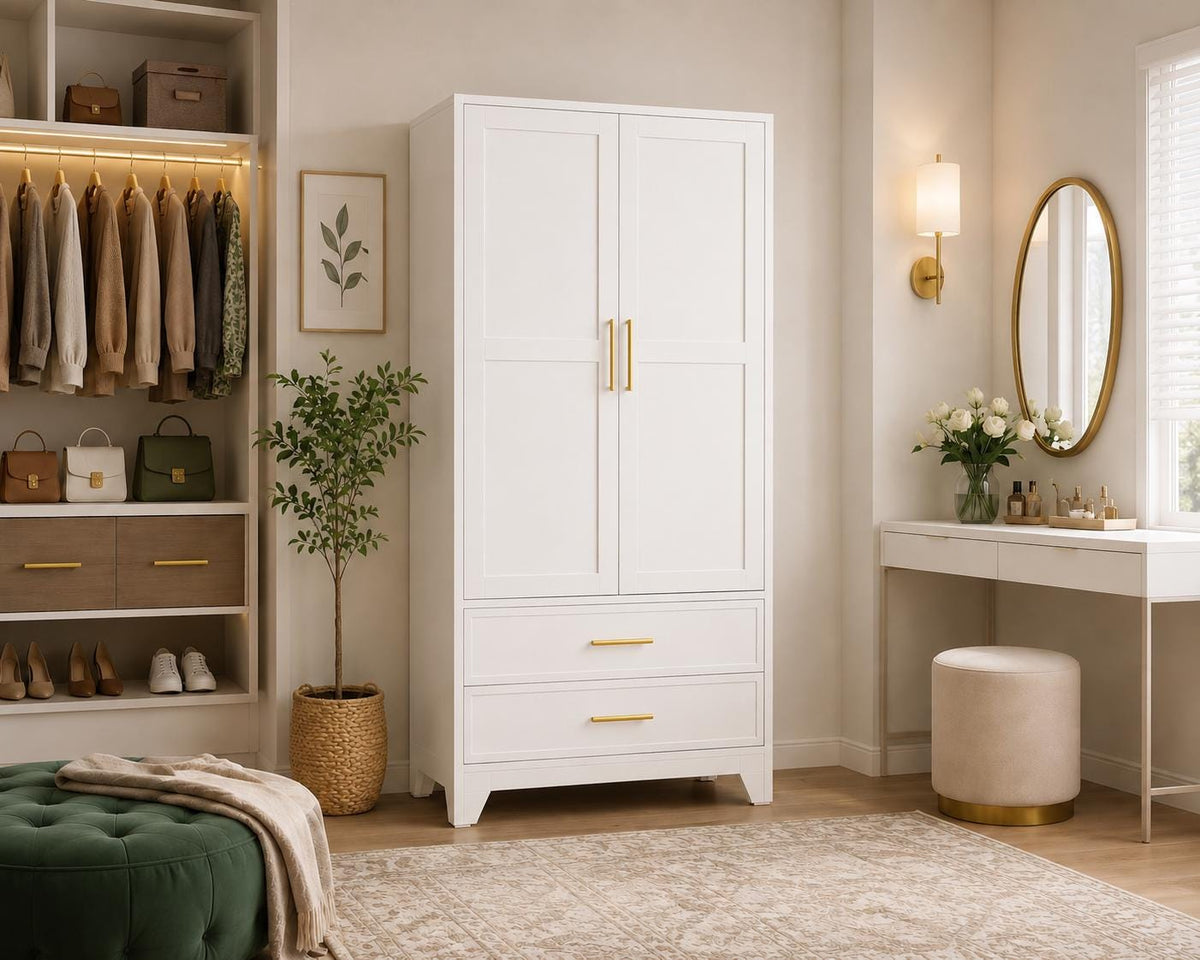 Heavy Duty Metal Wardrobe Cabinet, 71" Tall, Hanging Rod, Adjustable Shelves, 2 Drawers