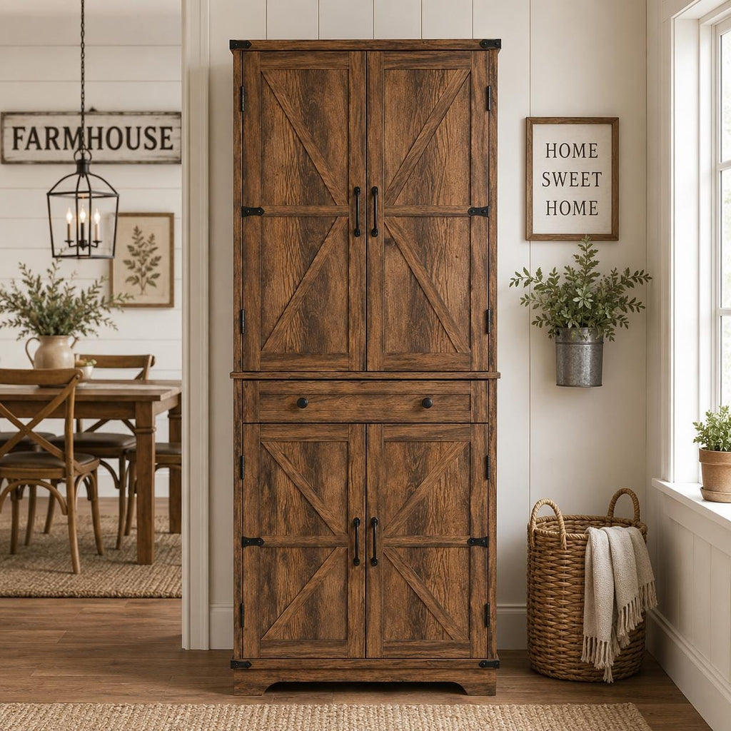 71” Rustic Farmhouse Pantry Cabinet, 4 Door Kitchen Storage Cabinet with Adjustable Shelves,