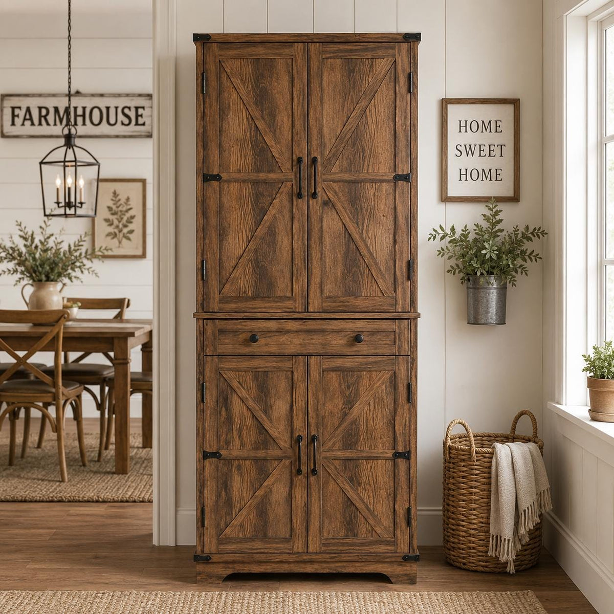 71” Rustic Farmhouse Pantry Cabinet, 4 Door Kitchen Storage Cabinet with Adjustable Shelves,
