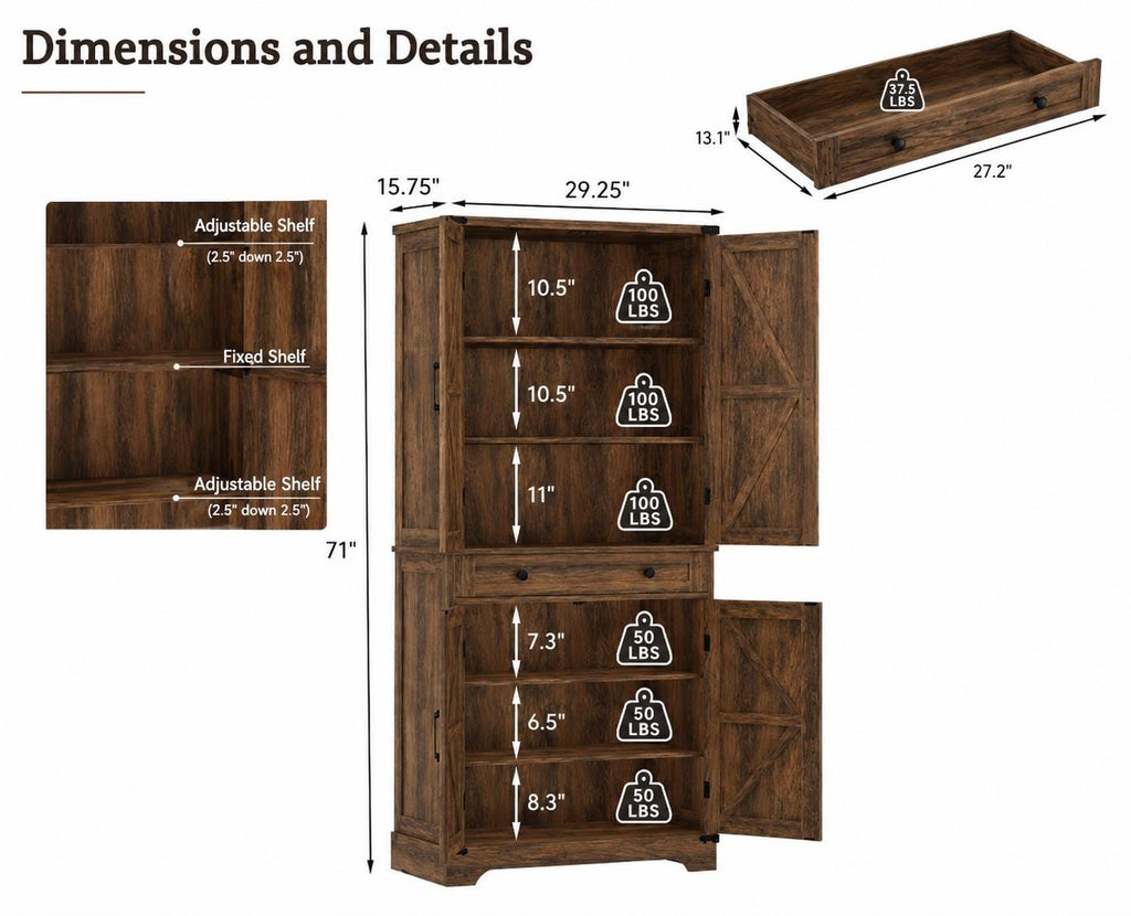 71” Rustic Farmhouse Pantry Cabinet, 4 Door Kitchen Storage Cabinet with Adjustable Shelves,