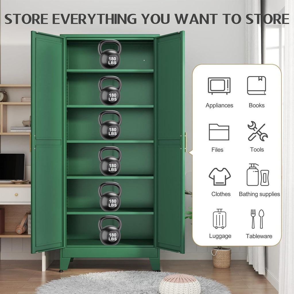 Tall Freestanding Storage Cabinet, 2 Doors, 5 Adjustable Shelves, Steel Construction