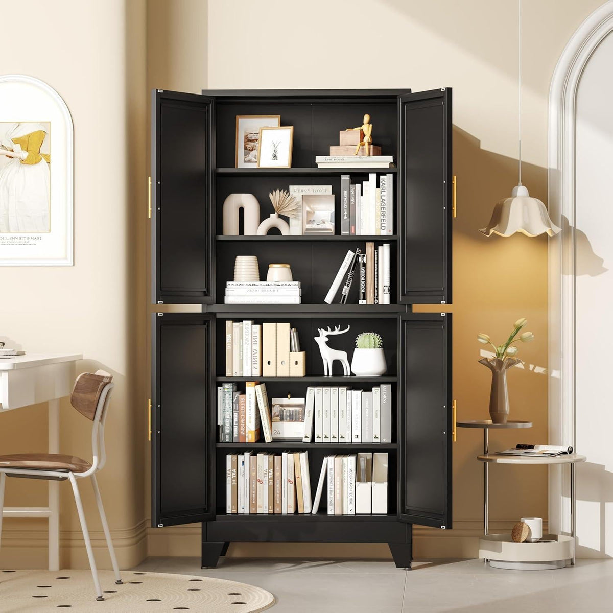 Tall Freestanding Storage Cabinet, 2 Doors, 5 Adjustable Shelves, Steel Construction
