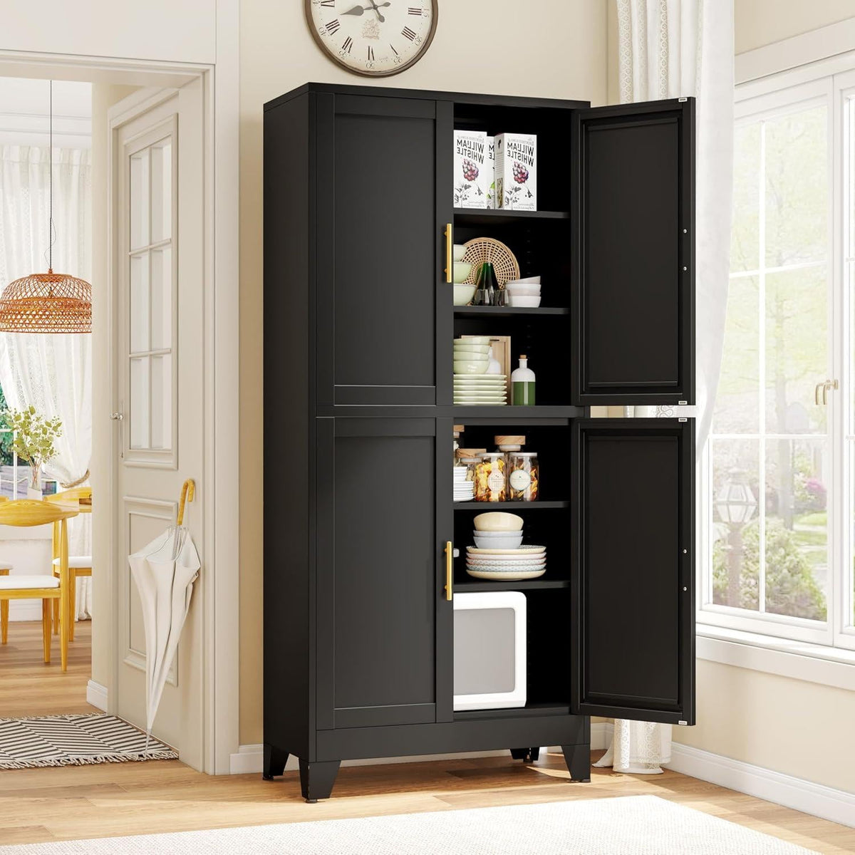 Tall Freestanding Storage Cabinet, 2 Doors, 5 Adjustable Shelves, Steel Construction