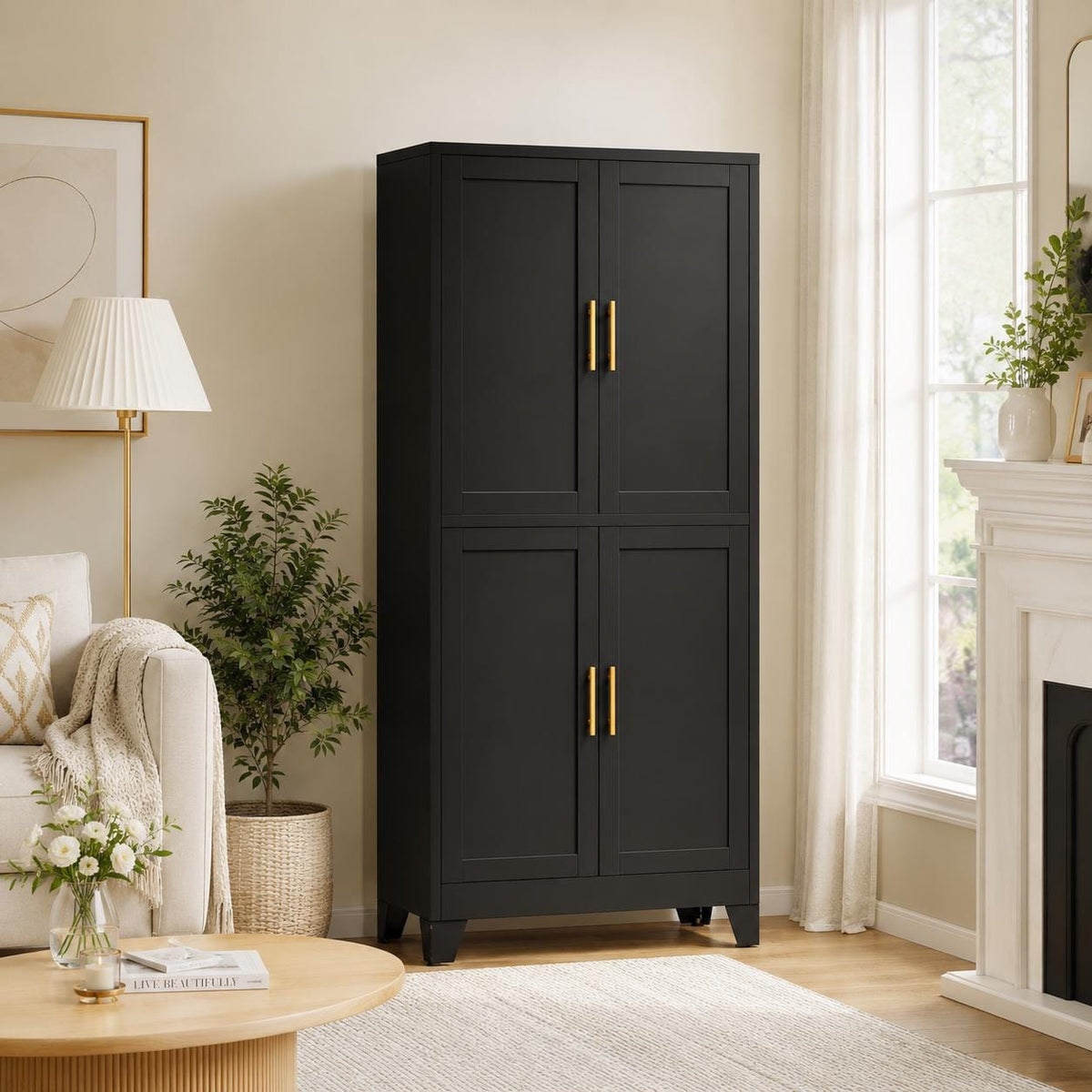 Tall Freestanding Storage Cabinet, 2 Doors, 5 Adjustable Shelves, Steel Construction