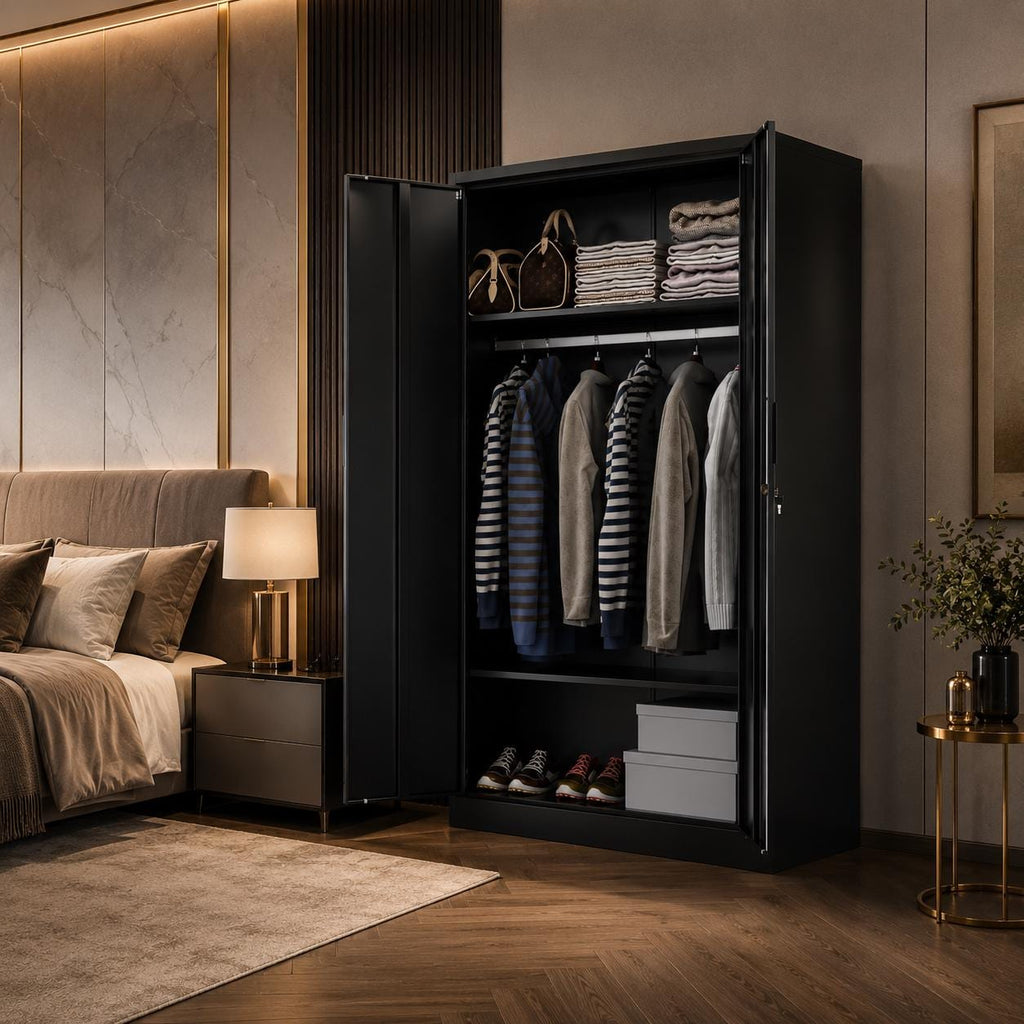 Heavy Duty Metal Wardrobe Cabinet with Hanging Rod & Adjustable Shelves, 72" Tall Steel Storage Closet,