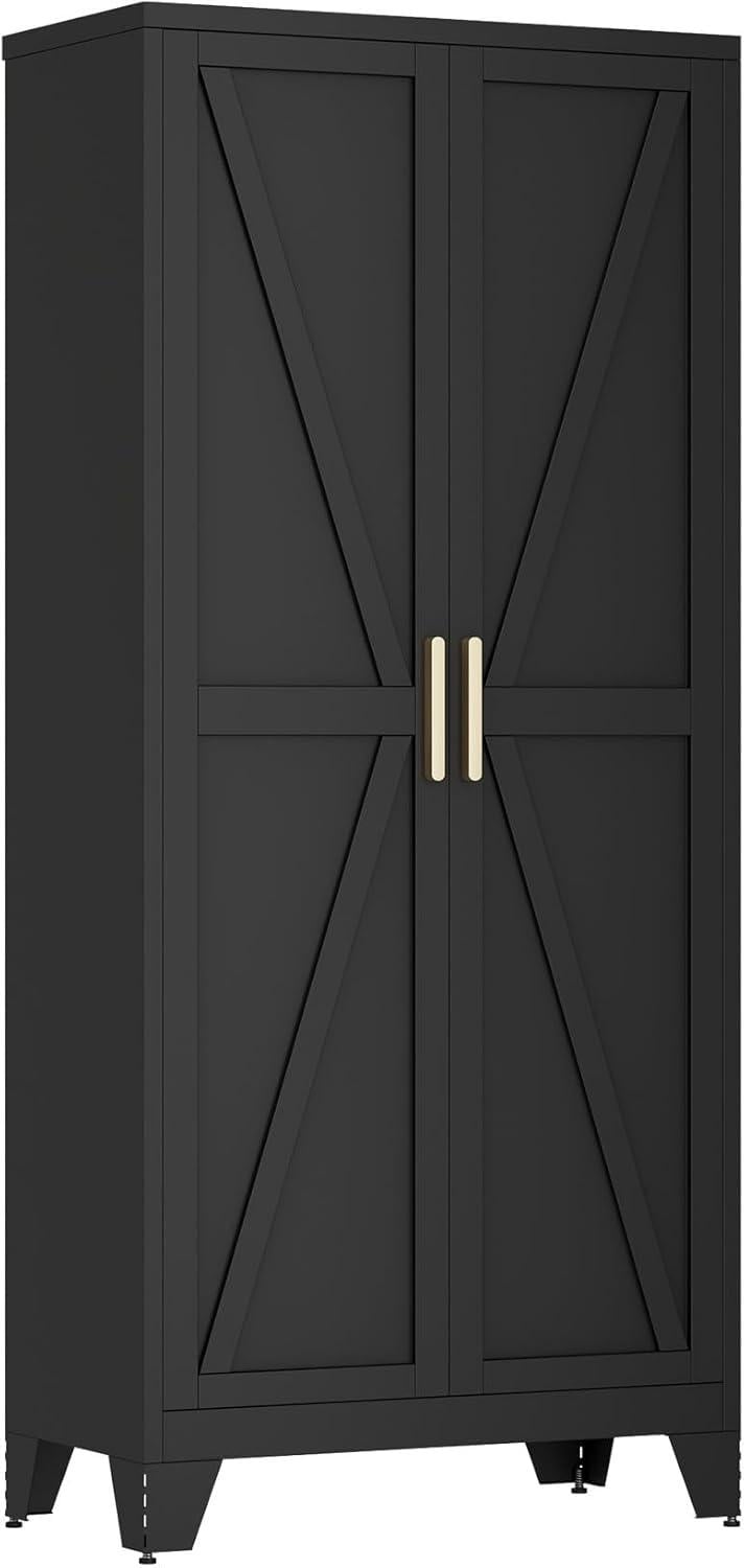 71" Tall Farmhouse Pantry Cabinet, White Steel Storage with 2 Doors, Adjustable Shelves