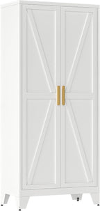 71" Tall Farmhouse Pantry Cabinet, White Steel Storage with 2 Doors, Adjustable Shelves