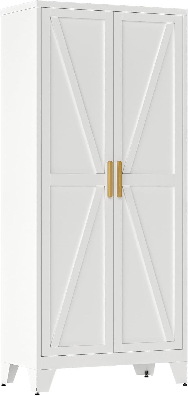 71" Tall Farmhouse Pantry Cabinet, White Steel Storage with 2 Doors, Adjustable Shelves