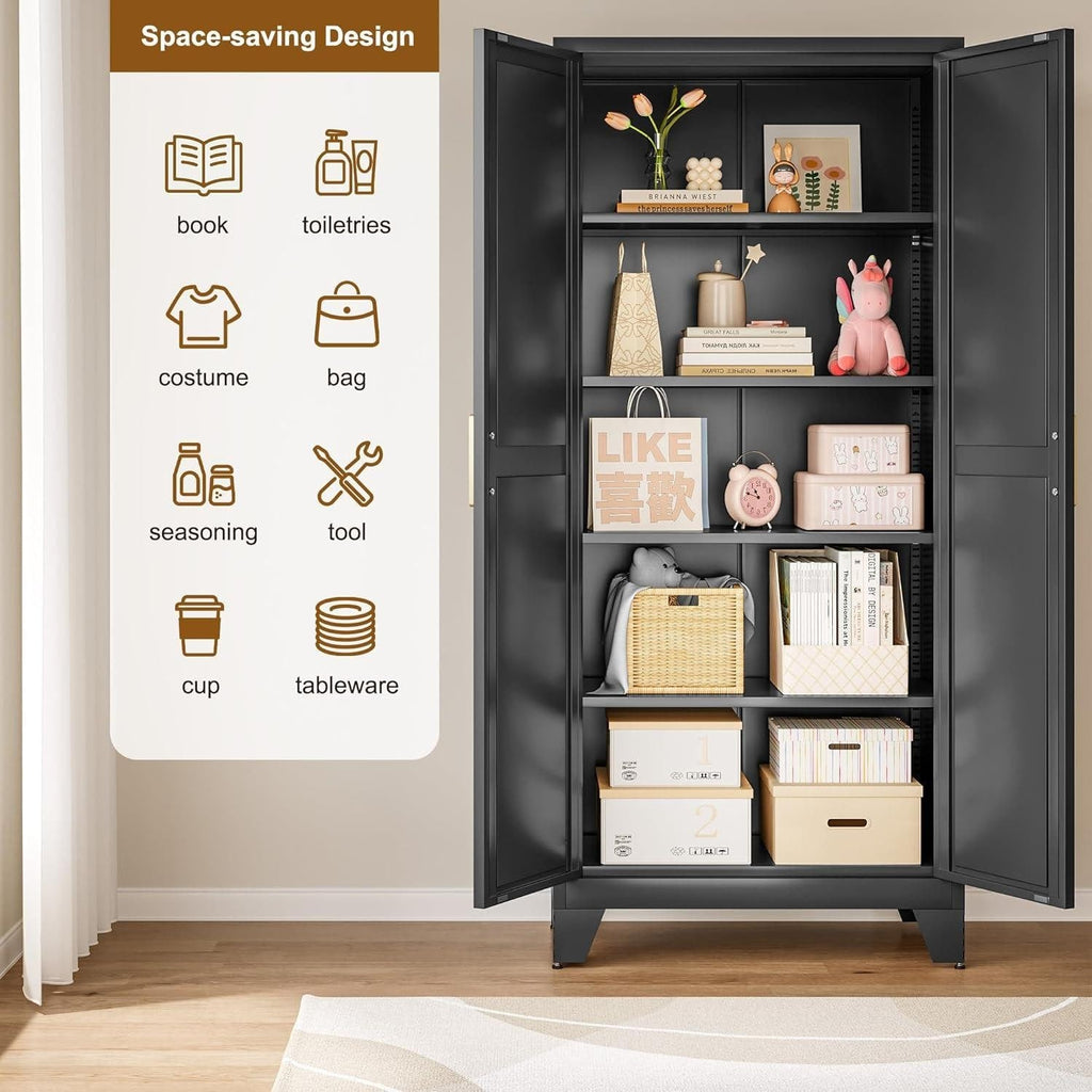 71" Tall Farmhouse Pantry Cabinet, White Steel Storage with 2 Doors, Adjustable Shelves