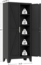 71" Tall Farmhouse Pantry Cabinet, White Steel Storage with 2 Doors, Adjustable Shelves