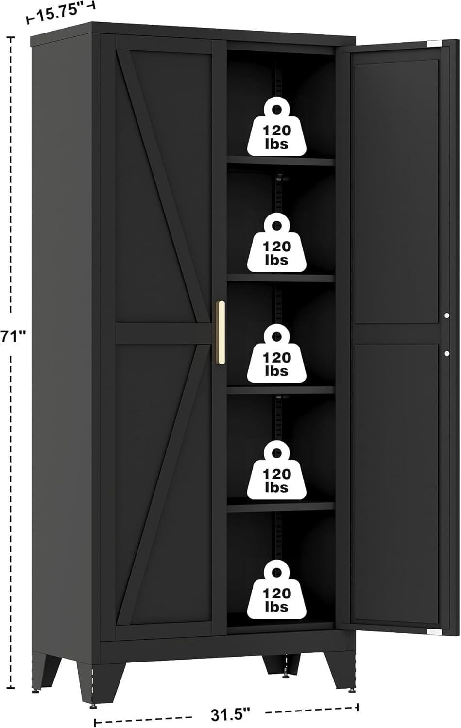71" Tall Farmhouse Pantry Cabinet, White Steel Storage with 2 Doors, Adjustable Shelves
