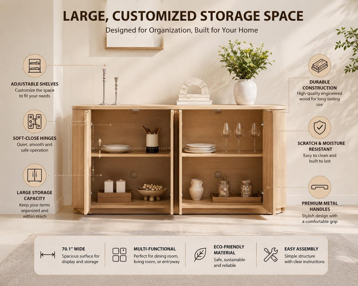 70-Inch Modern Sideboard Cabinet, Engineered Wood Buffet with Doors, Adjustable Shelves