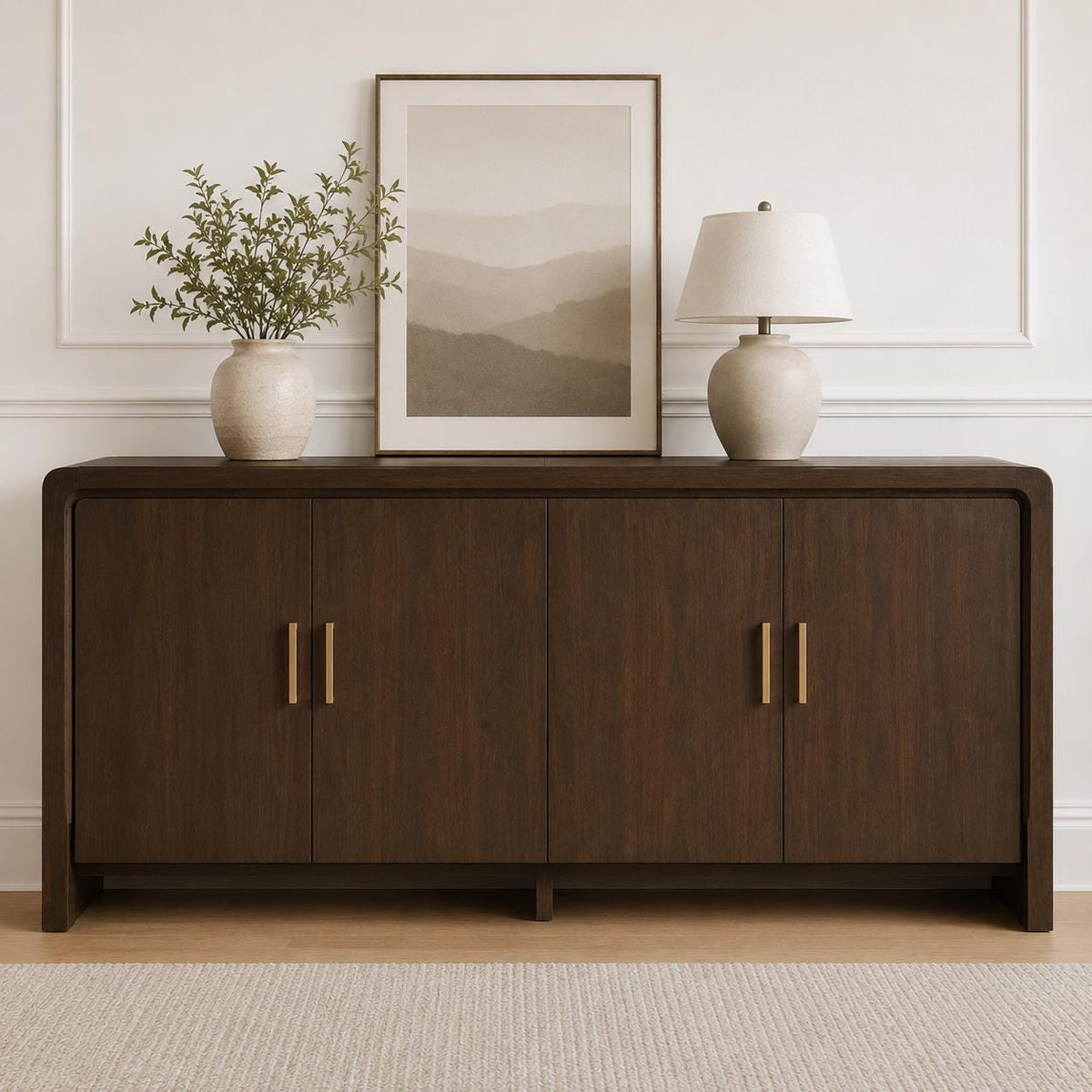 Modern 60 Wooden Sideboard Cabinet, 4 Doors, Adjustable Shelves, Dining Storage Console