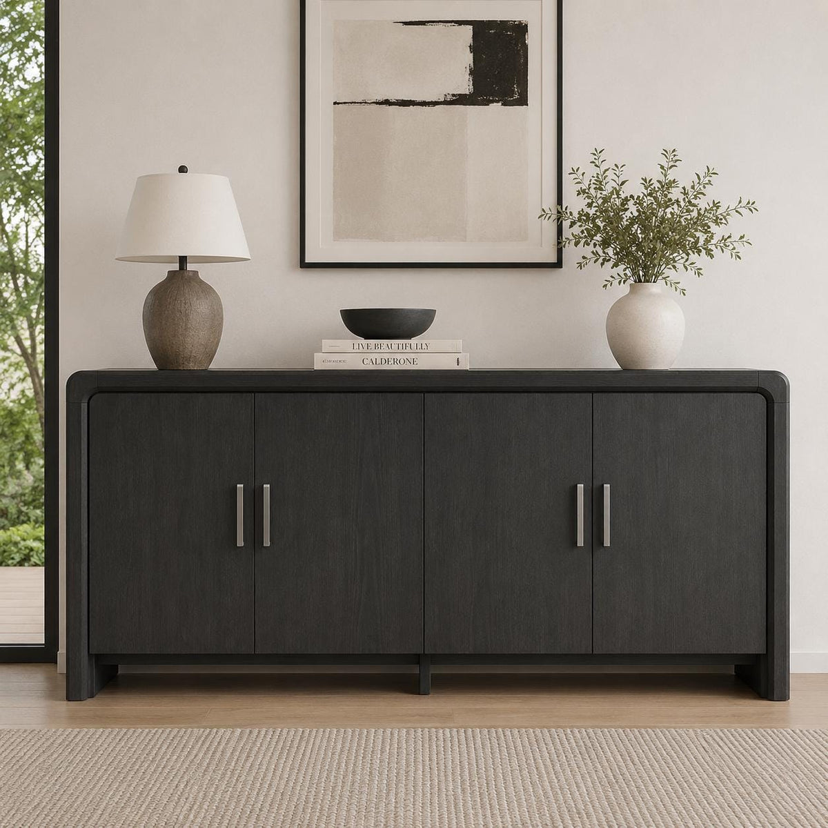 Modern 60 Wooden Sideboard Cabinet, 4 Doors, Adjustable Shelves, Dining Storage Console