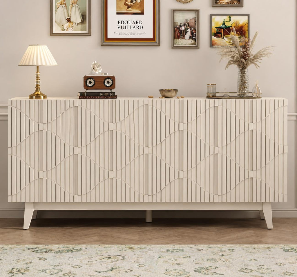 Distressed Fluted Buffet Cabinet with Storage, 4 Carved Doors Sideboard, Adjustable Shelf Wooden Accent Cabinet, Modern Farmhouse Console